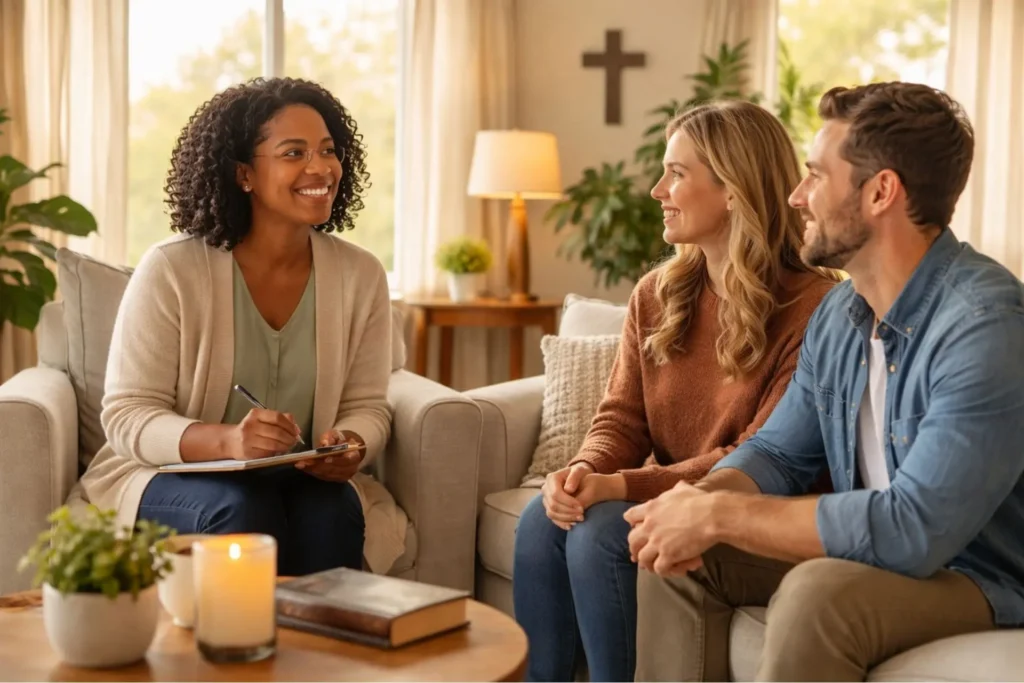 African American therapist with clipboard engaging with a smiling Caucasian couple in a cozy counseling room with calming decor and a cross on the wall.